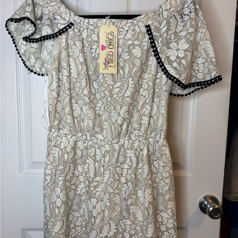Lace Off-Shoulder Dress with Black Trim
